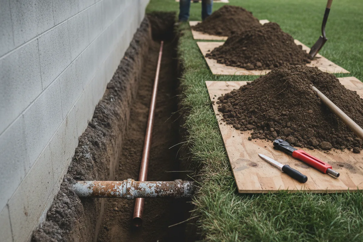 Excavated water line trench during Water Softener Installation in Elgin